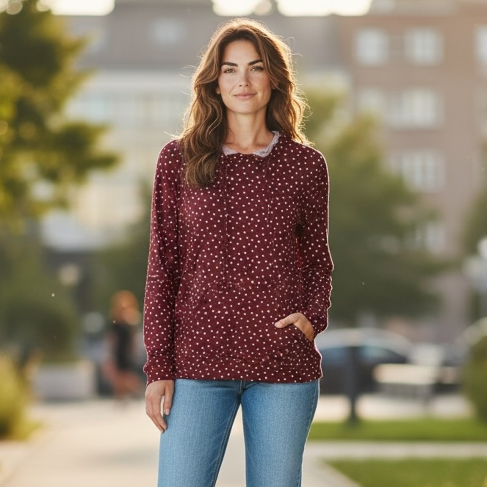 Lexington Avenue Top Burgundy Polka Dot Hoodie‎ Kangaroo Pockets in Size 1X  NWT